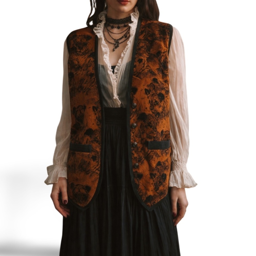 Vintage 90s Suede Lion Print Vest | Baroque Safari Statement Layer | XL